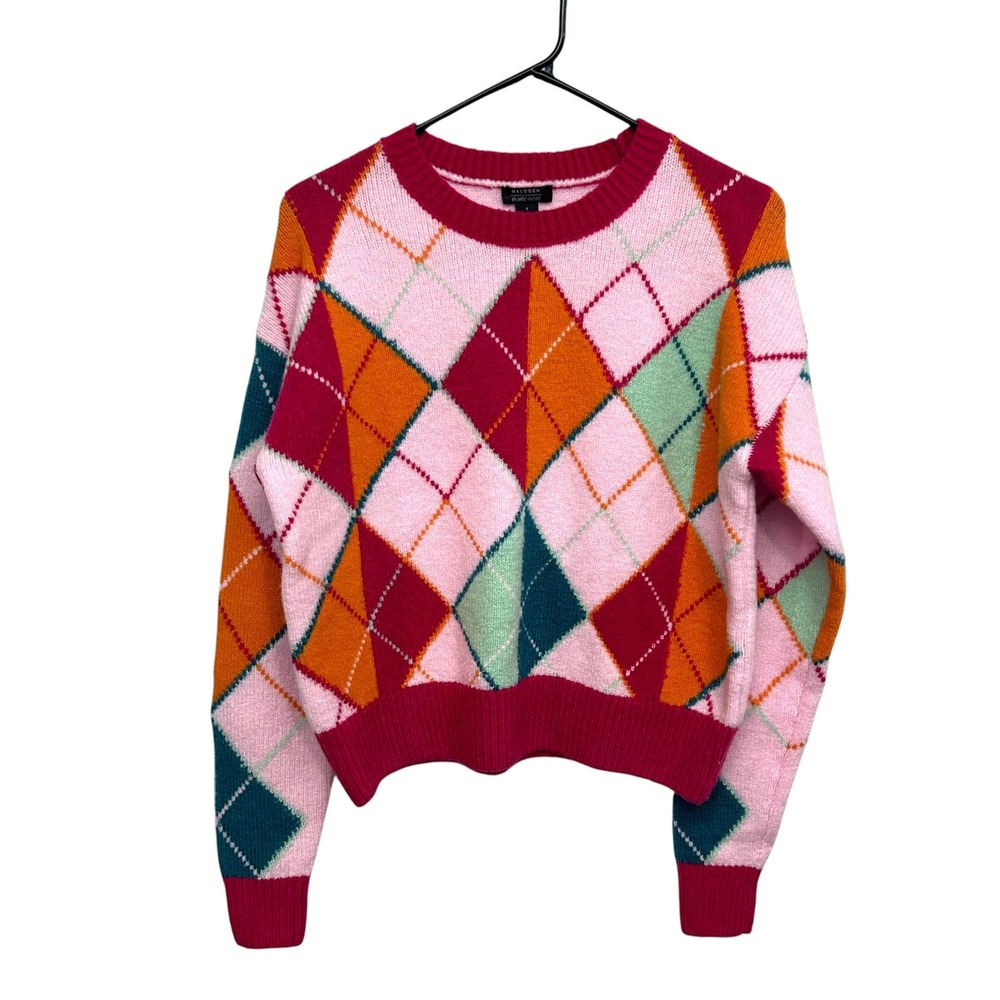 Halogen Pink Argyle Knit Pullover Crew Neck Sweater S Preppy‎ Academia Retro